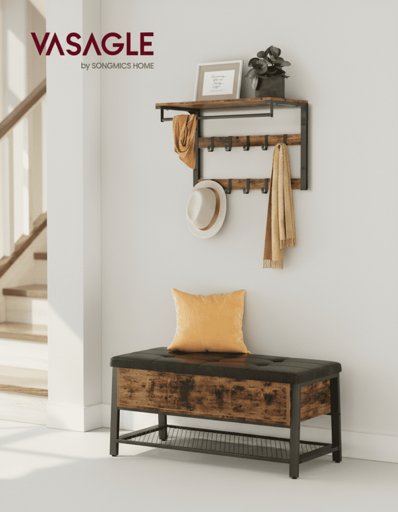 Porte-manteau Mural 3-en-1 : 10 Crochets, Barre, Étagère Industriel - Vue 1