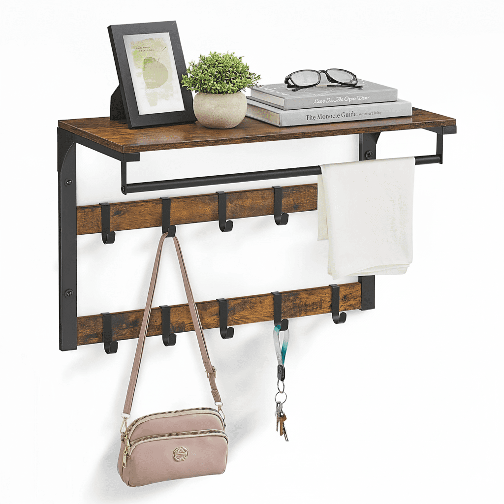 Porte-manteau Mural 3-en-1 : 10 Crochets, Barre, Étagère Industriel - Vue 2