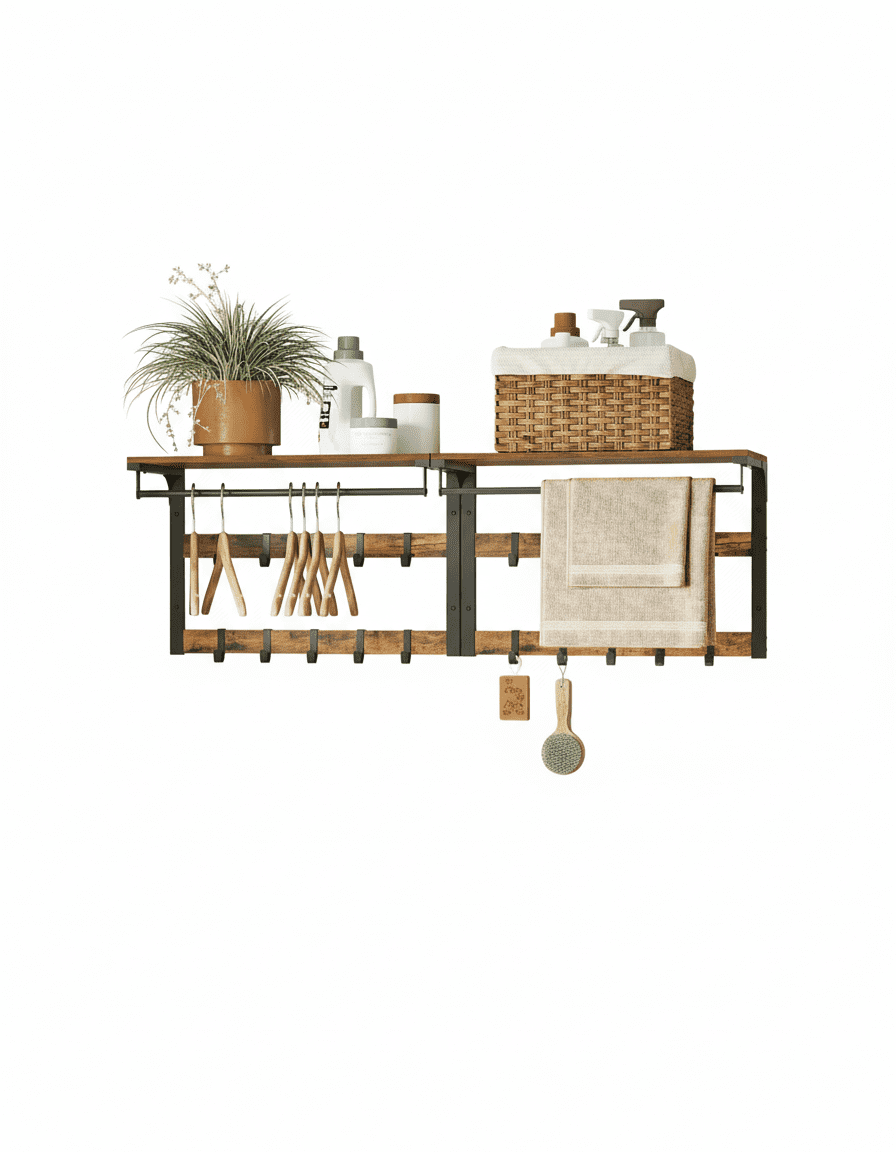 Porte-manteau Mural 3-en-1 : 10 Crochets, Barre, Étagère Industriel - Vue 3