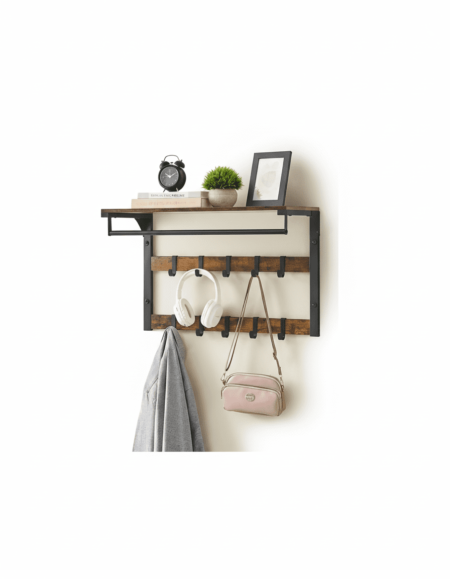 Porte-manteau Mural 3-en-1 : 10 Crochets, Barre, Étagère Industriel - Vue 4