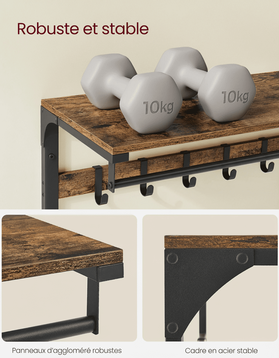 Porte-manteau Mural 3-en-1 : 10 Crochets, Barre, Étagère Industriel - Vue 5