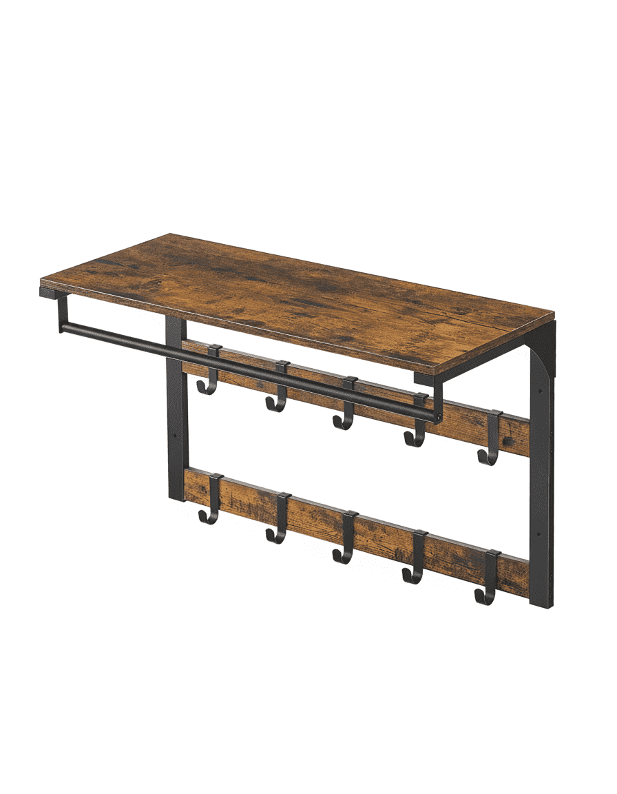 Porte-manteau Mural 3-en-1 : 10 Crochets, Barre, Étagère Industriel - Vue 6