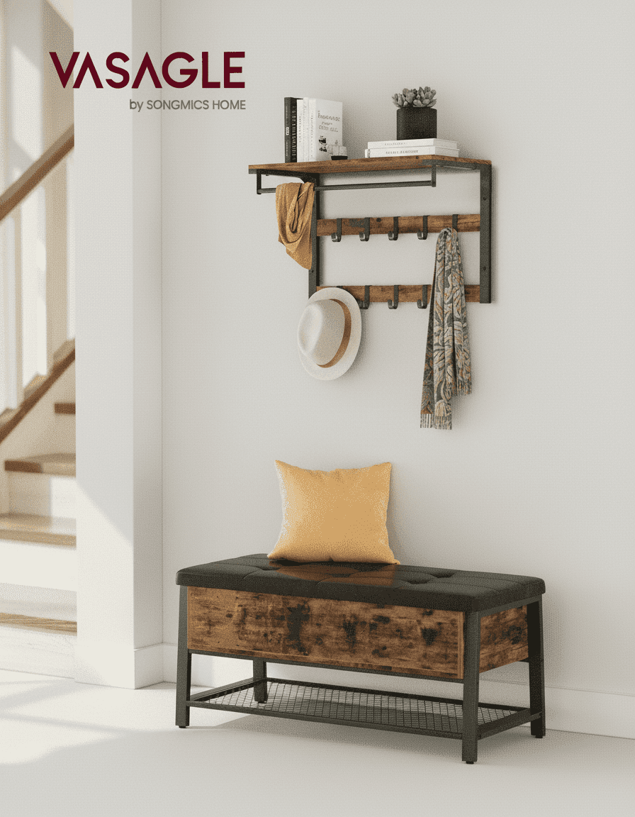 Porte-manteau Mural 3-en-1 : 10 Crochets, Barre, Étagère Industriel - Vue 8