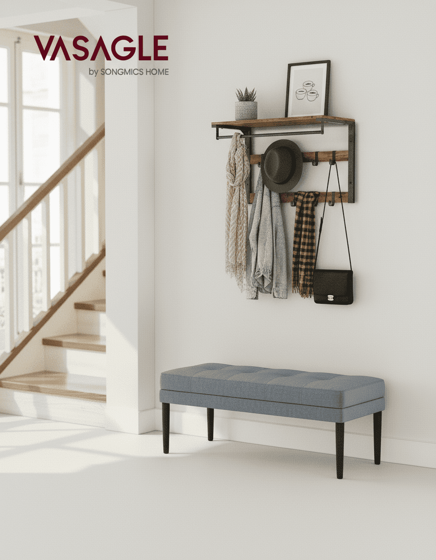 Porte-manteau Mural 3-en-1 : 10 Crochets, Barre, Étagère Industriel - Vue 9