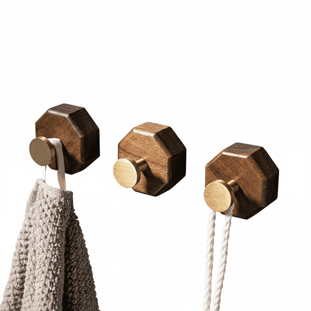 Crochet mural bois noyer et laiton adhésif - Lot de 2 pièces - Vue 1