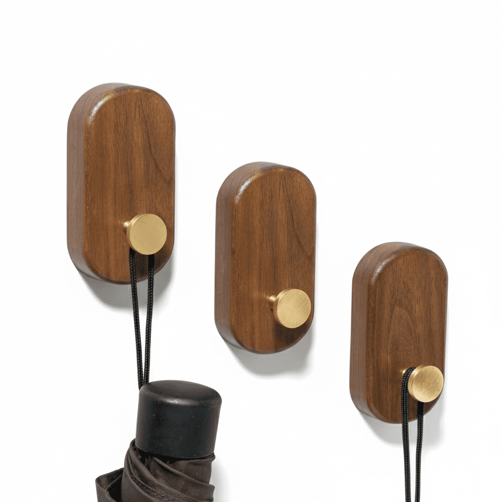 Crochet mural bois noyer et laiton adhésif - Lot de 2 pièces - Vue 2