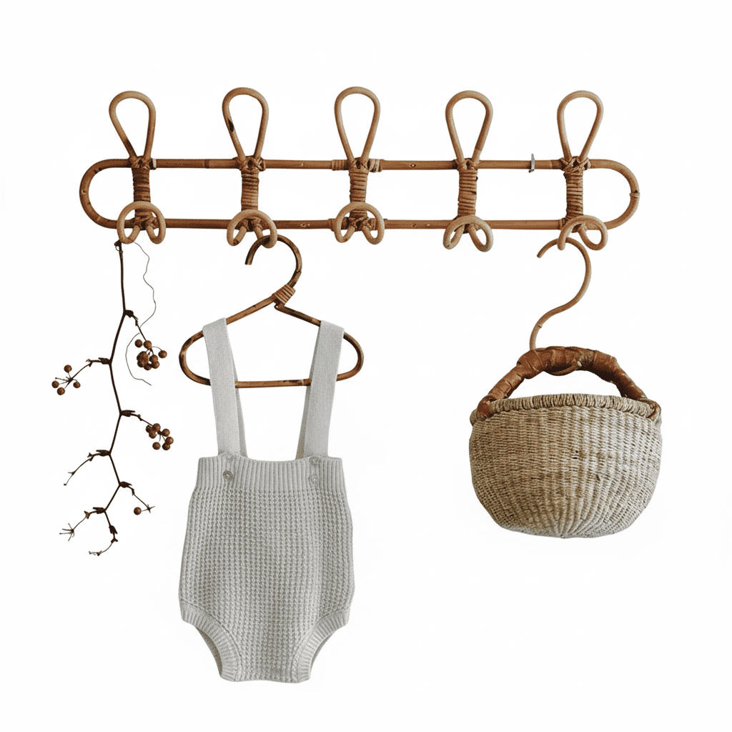 Crochets muraux rotin naturel - Porte-vêtements vintage chambre - Vue 4