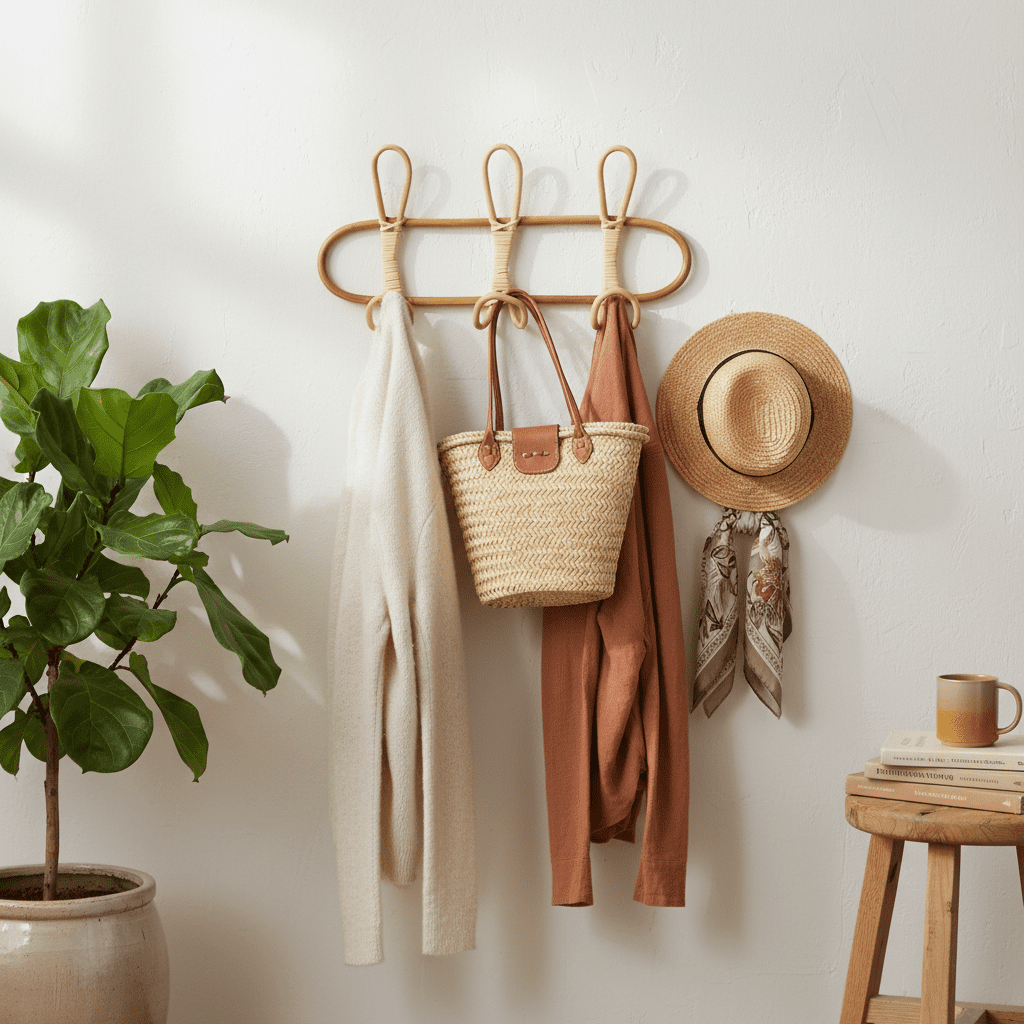 Crochets muraux rotin naturel - Porte-vêtements vintage chambre - Vue 11