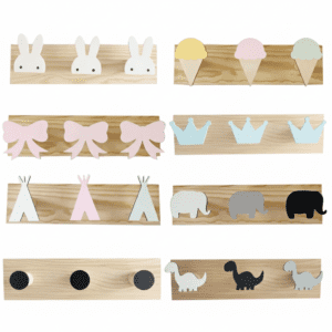 Crochets muraux bois enfant - Animaux couronne nœud rose - 3 pat - Vue 1