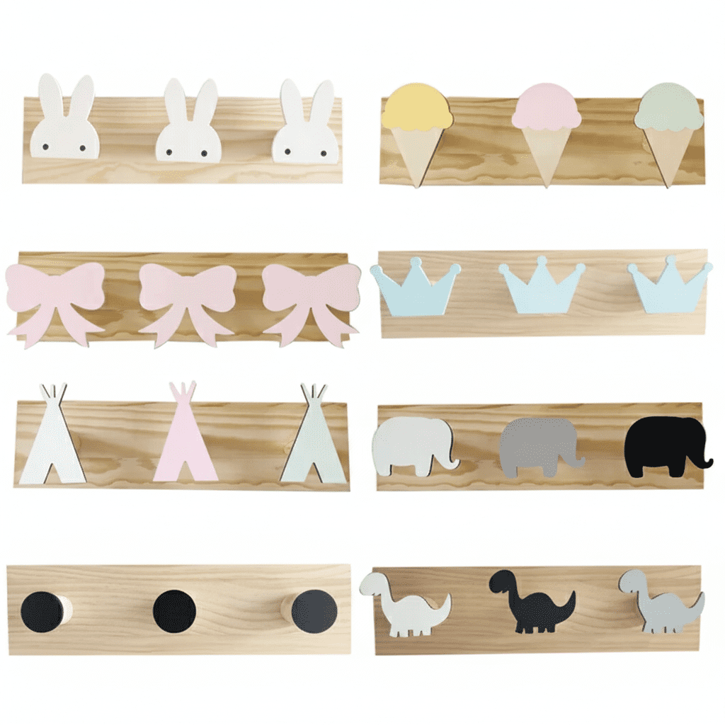 Crochets muraux bois enfant - Animaux couronne nœud rose - 3 pat - Vue 1