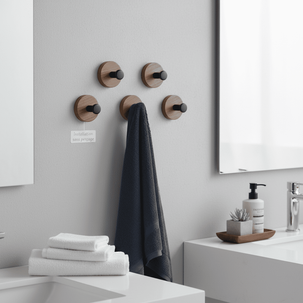 Crochet porte bois noyer adhésif - Porte-serviettes sans perçage - Vue 7