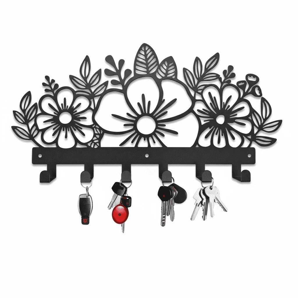 Porte-clés mural floral en métal - Crochets déco entrée chambre - Vue 3