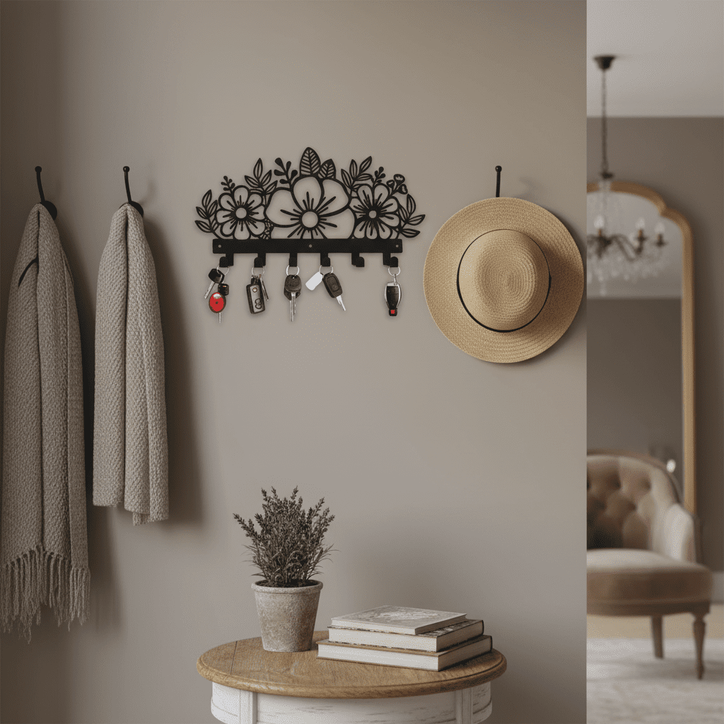 Porte-clés mural floral en métal - Crochets déco entrée chambre - Vue 8