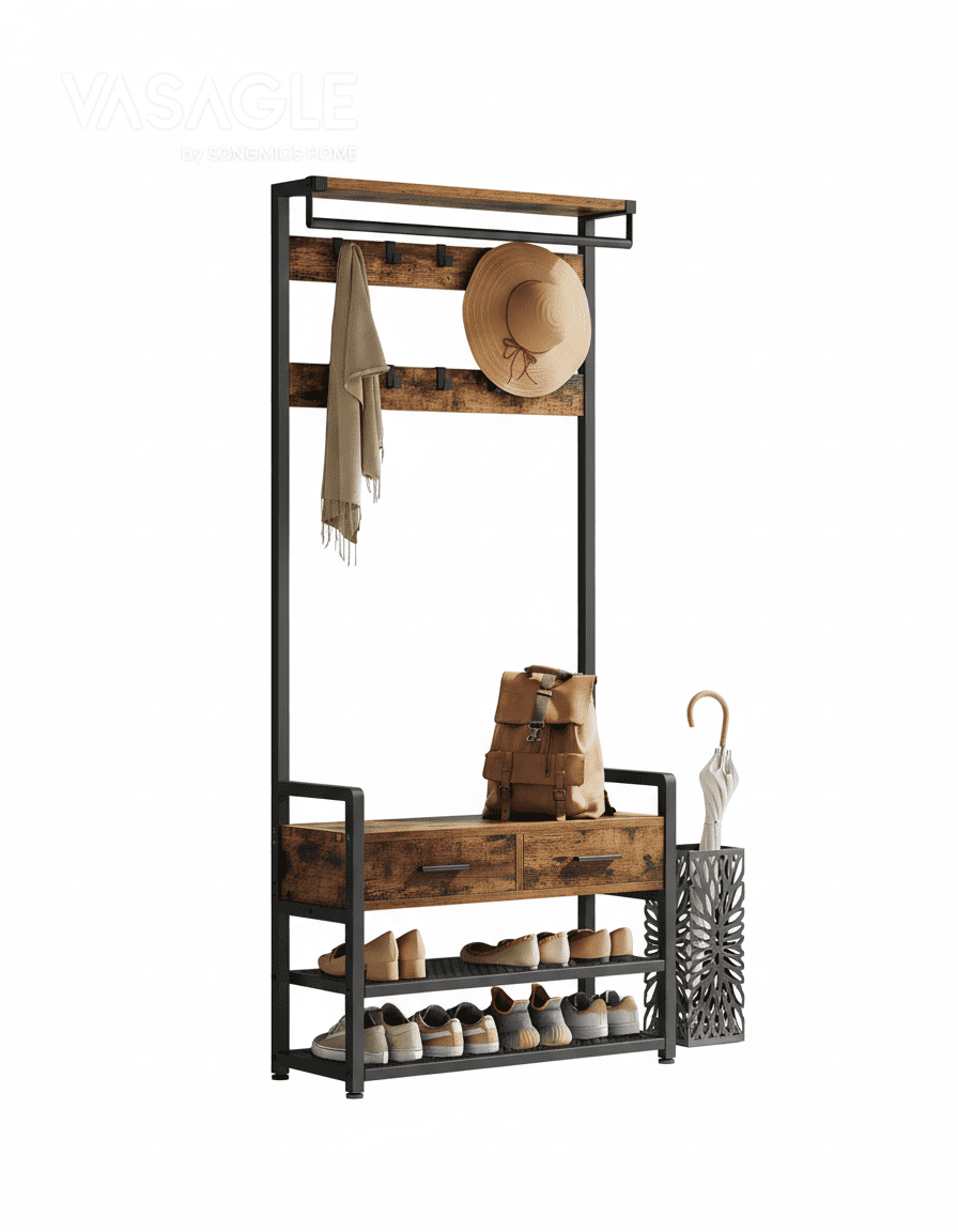 Porte-manteau d'entrée 6-en-1 avec 10 crochets et 2 tiroirs - Vue 1