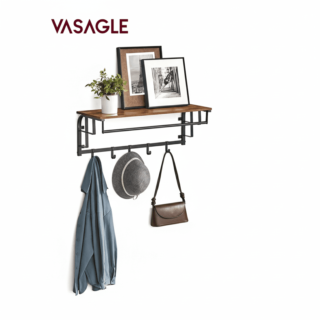 Porte-manteau mural avec étagère, 5 crochets amovibles, marron - Vue 1