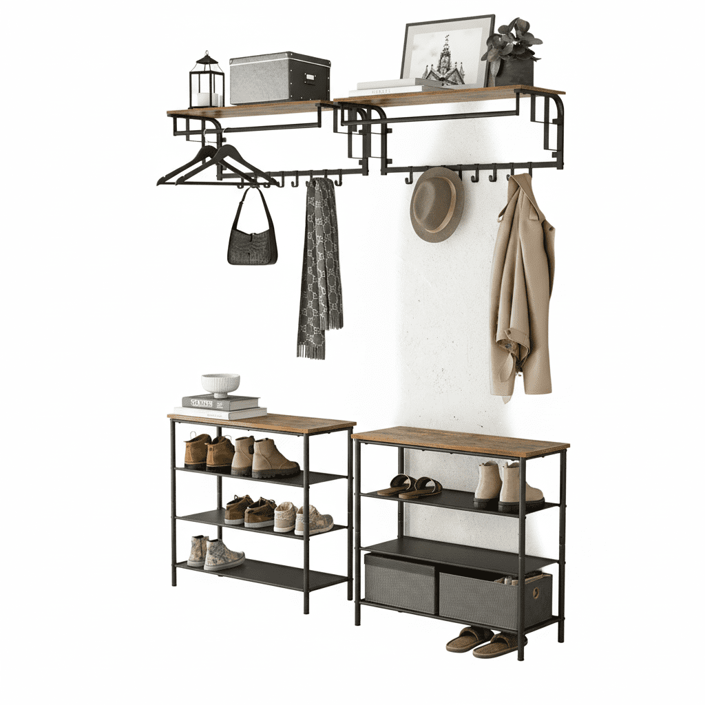 Porte-manteau mural avec étagère, 5 crochets amovibles, marron - Vue 2