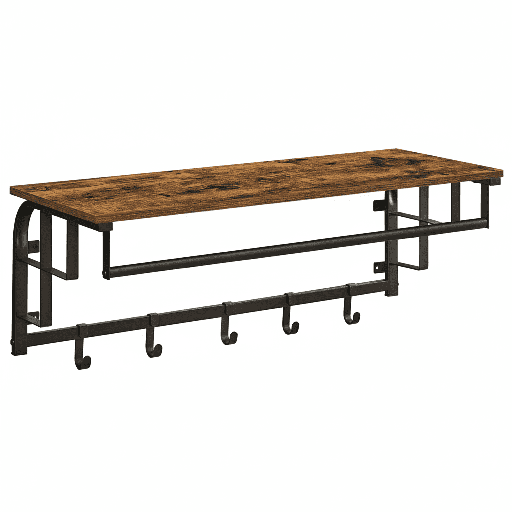 Porte-manteau mural avec étagère, 5 crochets amovibles, marron - Vue 3