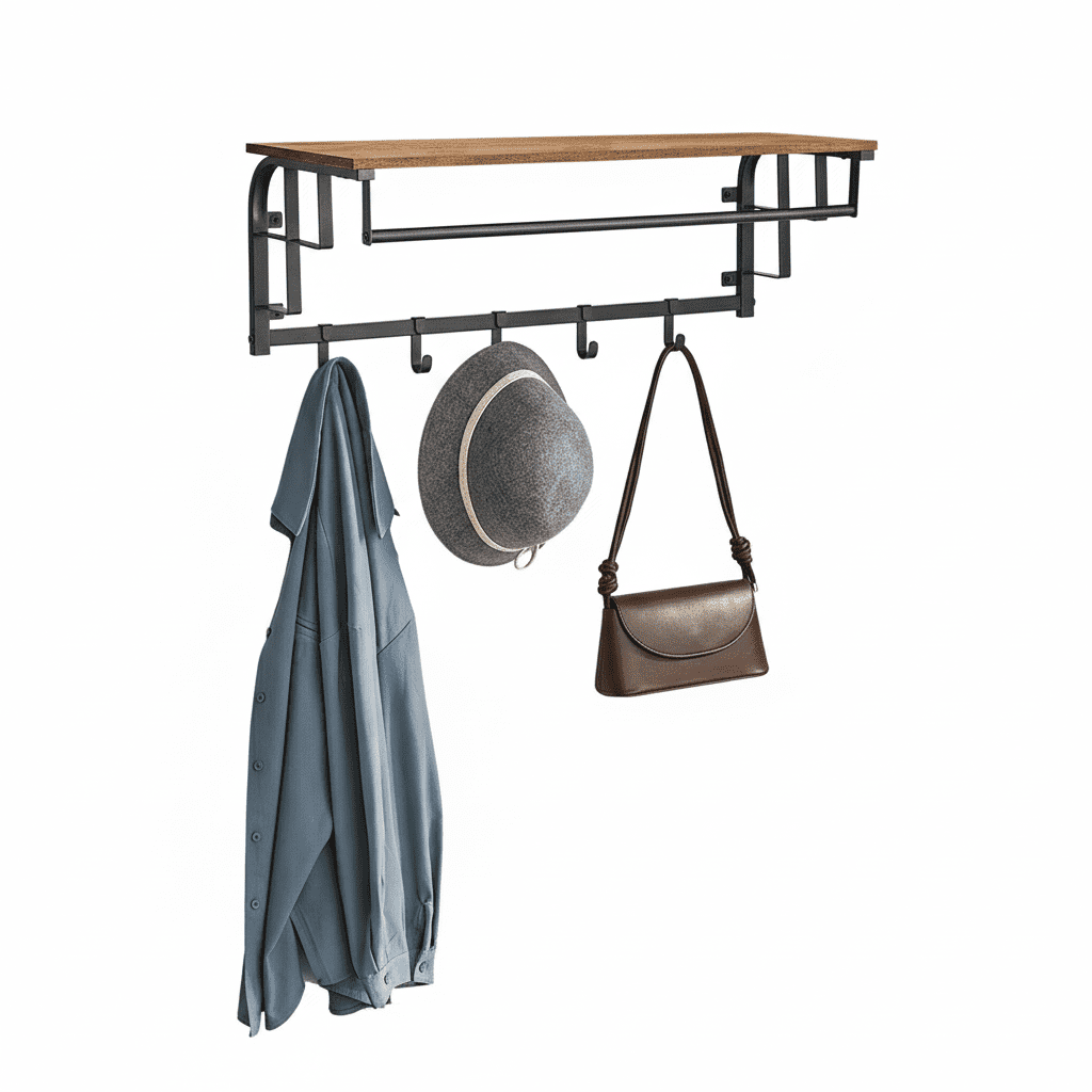Porte-manteau mural avec étagère, 5 crochets amovibles, marron - Vue 4