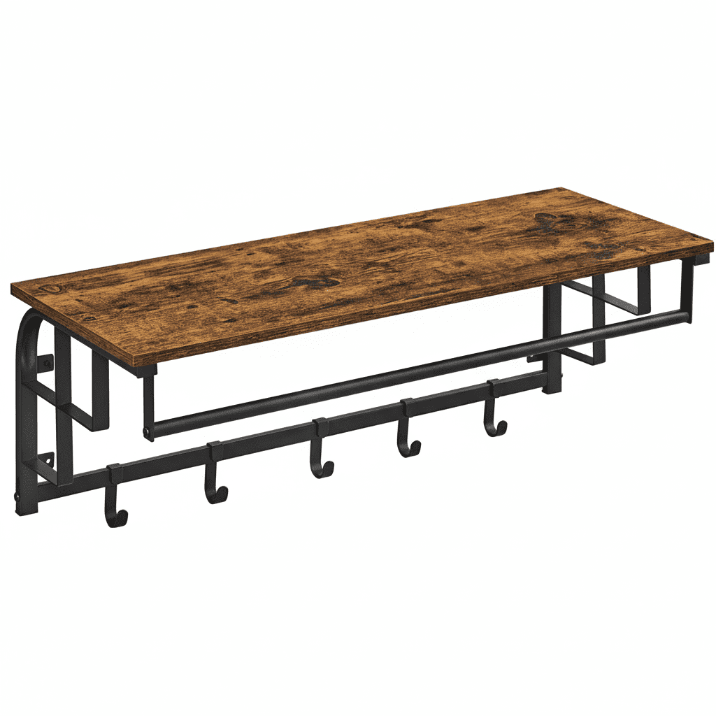 Porte-manteau mural avec étagère, 5 crochets amovibles, marron - Vue 5