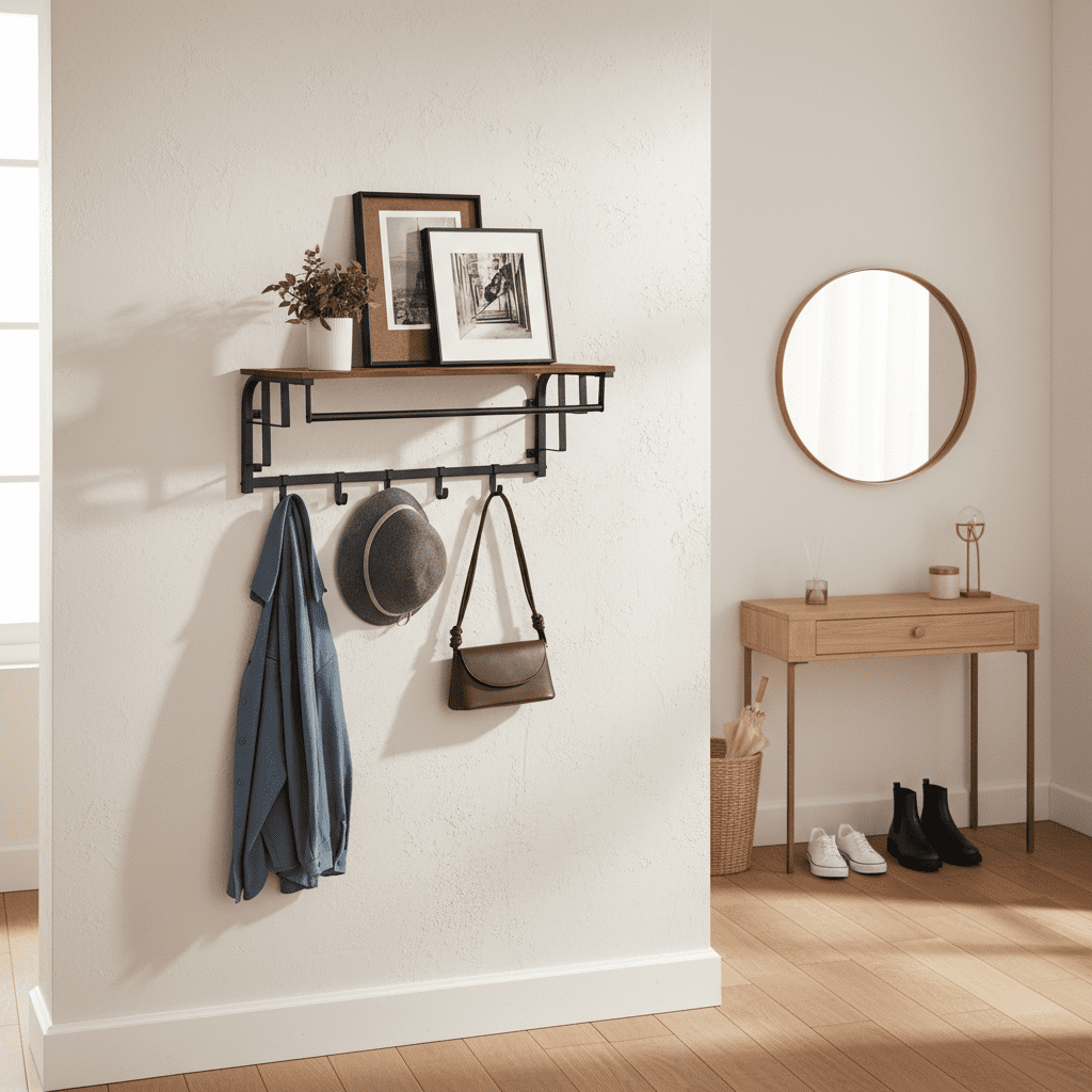 Porte-manteau mural avec étagère, 5 crochets amovibles, marron - Vue 7