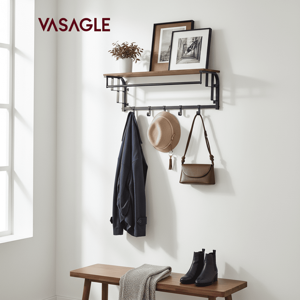 Porte-manteau mural avec étagère, 5 crochets amovibles, marron - Vue 8