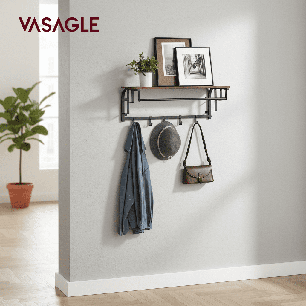 Porte-manteau mural avec étagère, 5 crochets amovibles, marron - Vue 9