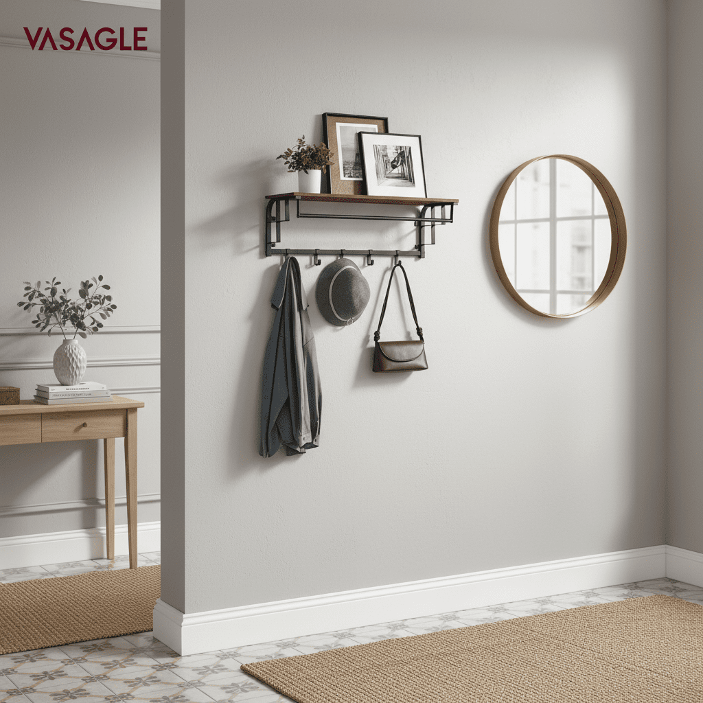 Porte-manteau mural avec étagère, 5 crochets amovibles, marron - Vue 10