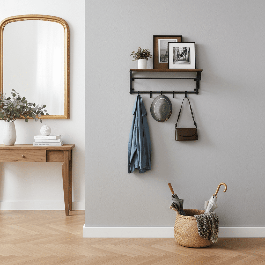 Porte-manteau mural avec étagère, 5 crochets amovibles, marron - Vue 11