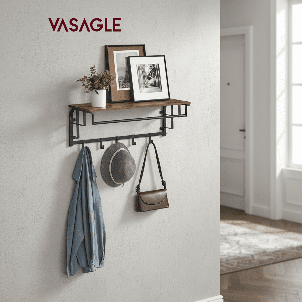 Porte-manteau mural avec étagère, 5 crochets amovibles, marron - Vue 12